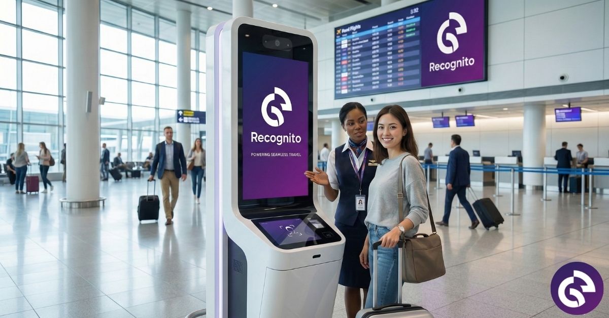 A female traveler with luggage receives assistance from a uniformed airport staff member at a Recognito self-service kiosk in a modern airport terminal.
